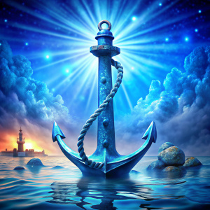 ein blauer Anker mit Seil drum und als Hintergrund ein Bild was nach Wasser aussieht aber Fantasy mäßig in blau ein Muster, das trotzdem einen guten Kontrast gibt. klein sichtbar noch einen Leuchtturm