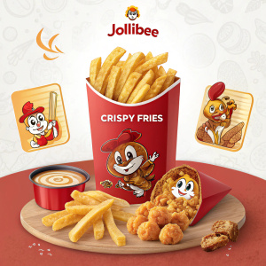 Vibrant advertisement for Jollibee's Crispy Fries. Golden-brown, crispy fries in red packaging container. Featured alongside smaller images of other menu items. Eye-catching cartoon mascot and logo.