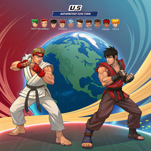 Digital art of Street Fighter V character selection screen. Vibrant background with a stylized Earth. E. Mad and Ryu in combat-ready poses.