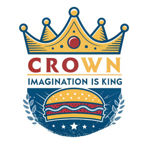 Creative and dynamic logo for Burger King's Crown Program. Features a stylized golden crown with the text 'CROWN' and 'IMAGINATION is KING'. Incorporates bold and vibrant colors including yellow, blue, red, and additional hues.