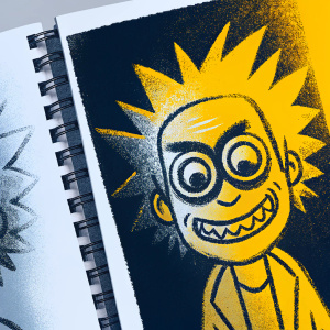 Rick Sanchez from Rick and Morty, illustrated in a sketchbook style. On a clean white page, with manga-like details.