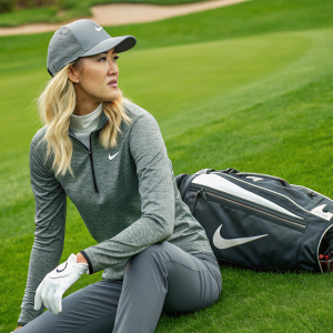 Michelle Wie, golfer, posing on a lush green golf course. Blonde hair, gray Nike outfit, gray cap, white gloves. Golf bag beside her