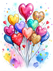 a bunch of hearts, balloons, splashes of candy, a celebration