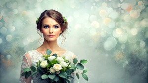 beautiful bride in a white with a bouquet of eucalyptus and white flowers