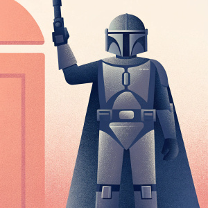 A detailed black and white illustration of The Mandalorian from Star Wars. He's standing in a dynamic pose with his arm raised, holding his blaster. The illustration emphasizes the intricate details of his armor and helmet. The background is a simple, minimalistic design.