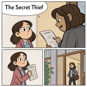 Comic strip 'The Secret Thief'. A young Hispanic girl with brown hair, talking to an adult figure. Multiple panels showing dialogue and action involving a contract paper.