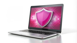 computer with pink antivirus software on white background, cyber security