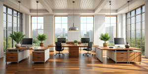 3D render interior design Office Room . Office desks with office chairs. Concept of working place. 3d rendering