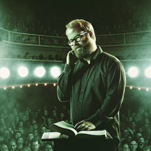 Jim Gaffigan, a comedian with a beard, stands at a book signing event. Dark shirt, glasses. Thinking pose. Bright lights, fans in background