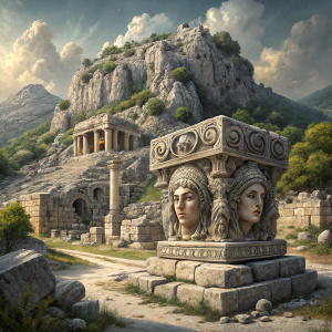 In the heart of Demre, Antalya, Turkey, stands an ancient stone monument. Intricately carved with multiple faces and detailed designs, it dominates the foreground. Behind it, ancient ruins sprawl across a rocky hillside, their stone structures, walls, and arches a testament to a bygone era. Gray and beige tones dominate the landscape, mixed with patches of vegetation.