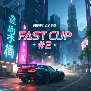 Promotional graphic for BIGPLAY.GG FASTCUP #2. Cyberpunk theme with neon lights and digital elements. Text in various languages.