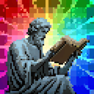 create an app icon about philosopher chatbot ai, only use black and white, logo should include philosoper reads a book, 