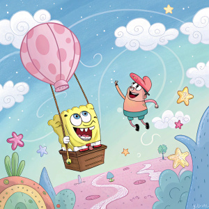 SpongeBob SquarePants and Patrick Star floating in a whimsical sky filled with cotton candy clouds, amidst a cartoon world.