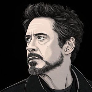 Digital sketch of Robert Downey Jr. Close-up on his face, dark hair and beard detailed. Simple black background.