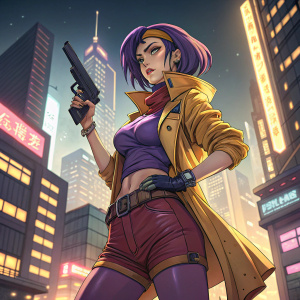 Faye Valentine from Cowboy Bebop, illustrated. Bold stance, holding a gun, purple hair. Brightly lit cityscape in background