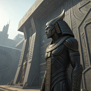 Digital art of Kel Nagas Wall Statue. Futuristic architecture. Intricate patterns. Dark metallic color