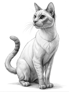  line art, realistic black and white Siamese Cat standing sideways. Black and White Image, thick lines, well defined lines. Coloring page. No Color, No black Shading. Thick lines. size 8.5x11in. Black and White lines only. Use thick lines. Thick LINES. NO SHADING