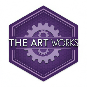 The Art Works logo, featuring a vibrant purple hexagon with a central gear motif. The company's mission statement is elegantly displayed in a sleek, modern font with a subtle 3D effect.