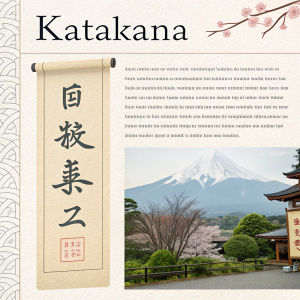 An elegant webpage dedicated to Japanese calligraphy. Focused on Katakana. Traditional scroll illustration. Detailed formal text explaining Katakana usage in Japanese language. Clean, minimalistic design.
