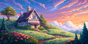 pixel art, 8bit, white cottagecore house on a hill, near meadow