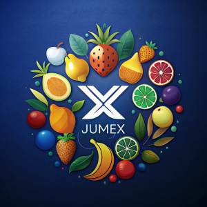 jumex logo and multiple fruits, with dark blue background