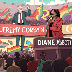 Jeremy Corbyn and Diane Abbott addressing a rally. Large crowd in attendance. Vibrant, colorful banners with political slogans in the background.