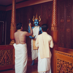 Varah, the divine avatar of Vishnu, stands majestic in a golden temple hall. Surrounded by devotees, Varah's blue form, adorned with sharp horns and rippling muscles, is set against a backdrop of intricate carvings and sacred texts.