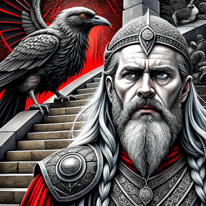 viking and raven in walhalla stairs runen symbols pattern - perfect realistic art, high-definition, high-definition grey and black, white background 