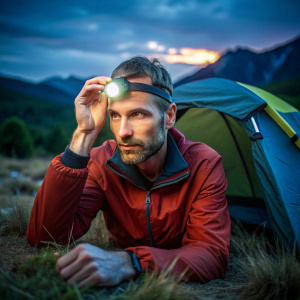 A man is camping in the evening, a flashlight is shining on his forehead