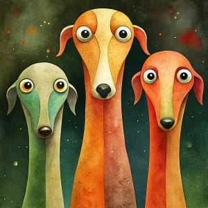 Stylized dog with elongated bodies and large, expressive eyes, standing in a row. Each of them has a different color and size.
They are artistically represented, with long, thin bodies, and large, round eyes.
One is tall yellow that stands out in the center.
Another smaller orange-red on the right.
Their eyes are disproportionately large compared to their bodies, giving them a cartoonish appearance.
The background is darkand features raindrops falling vertically