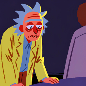 Rick Sanchez from Rick and Morty, exhausted look, green lab coat, against dark gray background.