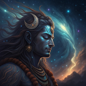 Digital illustration of Lord Shiva, enveloped by a cosmic aura, featuring deep blues and earthy browns. Background showcases a vibrant nebula with swirling stars, symbolizing his divine essence and spiritual dominion.