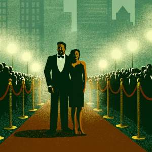 Joey Fatone and Izabel Araujo on a bustling movie premiere red carpet. Both are dressed in sleek black outfits.