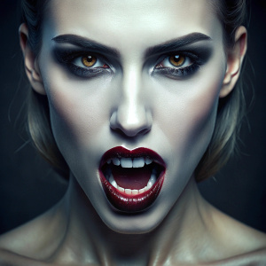  21k, detailed, music album cover, black lipstick with white vampire fangs, photorealism

