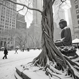 Ancient tree roots tightly entwined around a Buddha statue in a busy New York City park. Roots and statue are partially covered in snow.