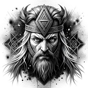 walhalla, viking warrior,  runics face, black work, white backrounds