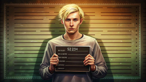 Full-length mugshot of a 
youth blond man holding a sign with his name on it
