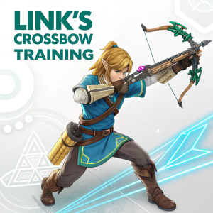 Box art for 'Link's Crossbow Training'. Dynamic image of Link wielding his crossbow, set against a sleek, modern background featuring minimalist graphics and neon text.