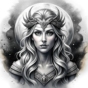 Frigg - Nordic Goddess perfect realistic art, high-definition grey and black, white background tattoo design