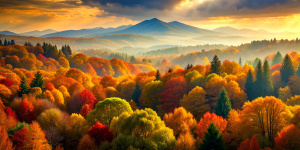 Autumn forest with hills in the distance