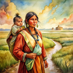 watercolor, Sacagawea, carrying baby pomp, across Louisiana territory