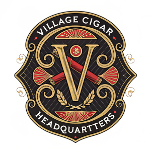 Vintage logo design for Village Cigar Headquarters. Gold, black, and red color palette. Text reads 'Village Cigar Headquarters'. Emblem features a large, stylized 'V' intertwined with an elegant, ornate cigar cutter. Classic, ornate style.