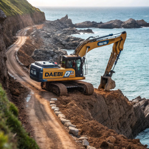 DAEBLUE's powerful excavator, marked with its logo, rolls down a narrow path. It meets the sparkling sea and rocky coast. Steel and rock create a harmony, showcasing the blend of machinery and harsh terrain in great detail.