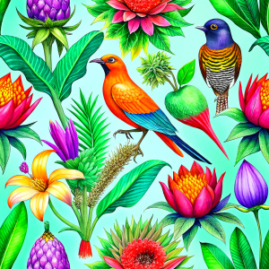 exotic orange craft paper with  purple -red  exotic fantastic birds   and  yellow exotic flowers  and white  wild flowers ,flame  sweet paes, red  artichokes ,gladiolus 