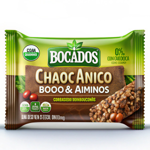 una imagen llamativa de una envoltura de la marca "BOCADOS ANDINOS" barras saludables a base de quinua orgánica (choco quinua)  que ayudan a combatir la desnutrición y anemia