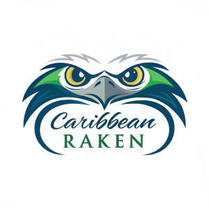 Caribbean Raken's new logo featuring stylized bird eyes and elegant script in a modern, clean design with blue, green, gray, and white color palette.