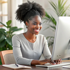  Simone Biles working on a computer smiling