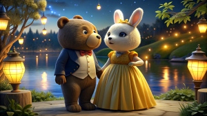 brown Bear in suite and bunny in a yellow dress. Next to a river at night