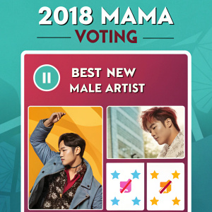 Interactive digital poster for 2018 MAMA Voting. Step-by-step guide for casting votes. Categories include Best New Male Artist. Vibrant graphics and clear instructions.