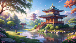 anime scenery of a japanese garden with a pond and a pagoda, anime background art, anime background, anime landscape wallpaper, beautiful anime scenery, detailed scenery —width 672, anime scenery, anime landscape, anime beautiful peace scene, anime countryside landscape, 4 k manga wallpaper, zen temple background, anime